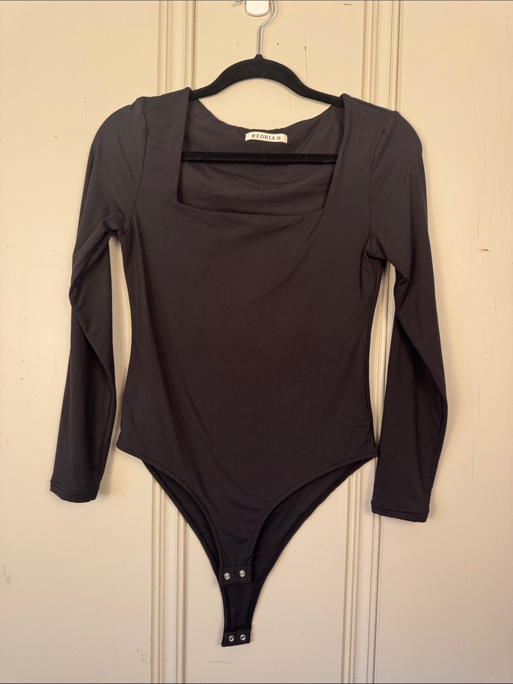 REORIA Black Square Neck Bodysuit Womens Medium Long Sleeve Double Lined Top